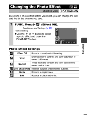 Page 5957
Shooting
By setting a photo effect before you shoot, you can change the look 
and feel of the pictures you take.
Photo Effect Settings
Changing the Photo Effect
Shooting Mode 
1FUNC. Menu * (Effect Off).
See Menus and Settings (p. 29)*Default setting.
zUse the   or   button to select 
a photo effect and press the 
FUNC./SET button. 
Effect OffRecords normally with this setting.
VividEmphasizes the contrast and color saturation to 
record bold colors.
NeutralTones down the contrast and color saturation...