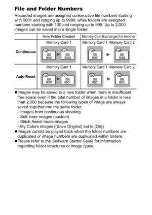 Page 7068
File and Folder Numbers
Recorded images are assigned consecutive file numbers starting 
with 0001 and ranging up to 9999, while folders are assigned 
numbers starting with 100 and ranging up to 999. Up to 2,000 
images can be saved into a single folder. 
zImages may be saved to a new folder when there is insufficient 
free space even if the total number of images in a folder is less 
than 2,000 because the following types of image are always 
saved together into the same folder.
- Images from...