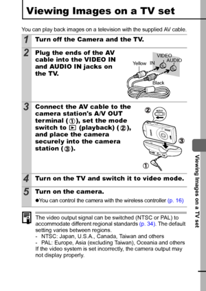 Page 9189
  Viewing Images on a TV set
Viewing Images on a TV set
You can play back images on a television with the supplied AV cable.
The video output signal can be switched (NTSC or PAL) to 
accommodate different regional standards (p. 34). The default 
setting varies between regions.
- NTSC: Japan, U.S.A., Canada, Taiwan and others
- PAL: Europe, Asia (excluding Taiwan), Oceania and others
If the video system is set incorrectly, the camera output may 
not display properly.
1Tur n off the Camera and the TV....