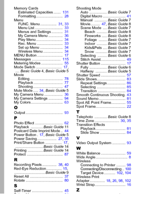 Page 138136
Memory CardsEstimated Capacities .......   131
Formatting..........................   28
Menu FUNC. Menu................  31, 33
Menu List ...........................   33
Menus and Settings ...........   31
My Camera Menu ..............   36
Play Menu ..........................   34
Rec. Menu .........................   33
Set up Menu ......................   34
Wireless Menu ...................   34
MENU Button .........................   17
Messages ............................   115
Metering...