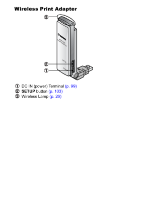 Page 2018
Wireless Print Adapter
DC IN (power) Terminal (p. 99)
SETUP button (p. 103)
Wireless Lamp (p. 26)
W
I
R
E
L
E
S
S
P
R
I
N
T
 
A
D
A
P
T
E
R
S
E
T
U
P
D
C
I
N
 