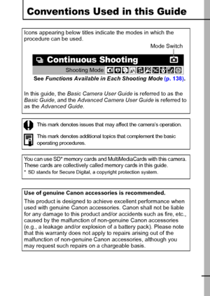 Page 31
Conventions Used in this Guide
Icons appearing below titles indicate the modes in which the 
procedure can be used.
In this guide, the Basic Camera User Guide  is referred to as the 
Basic Guide , and the Advanced Camera User Guide  is referred to 
as the  Advanced Guide . 
This mark denot es issues that  may aff ect t he camera’s operat ion.
This mark denot es additional topics that complement  the basic 
operating procedures.
You can use SD* memory cards and MultiMediaCards with this camera. 
These...