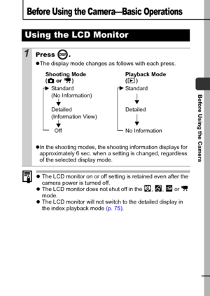 Page 2119
Before Using the Camera
Before Using the Camera—Basic Operations
zThe LCD monitor on or off setting is retained even after the 
camera power is turned off.
zThe LCD monitor does not shut off in the  ,  ,   or   
mode. 
zThe LCD monitor will not switch to the detailed display in 
the index playback mode (p. 75).
Using the LCD Monitor
1Press .
zThe display mode changes as follows with each press.
zIn the shooting modes, the shooting information displays for 
approximately 6 sec. when a setting is...