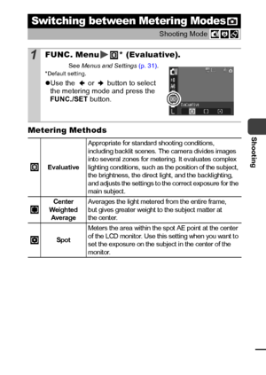 Page 5755
ShootingMetering Methods
Switching between Metering Modes
Shooting Mode 
1FUNC. Menu * (Evaluative).
See 
Menus  and Settings  (p. 31).* Default setting.
zUse the   or   button to select 
the metering mode and press the 
FUNC./SET  button.
Evaluative
Appropriate for standard shooting conditions, 
including backlit scenes. The camera divides images 
into several zones for metering. It evaluates complex 
light ing condit ions, such as t he posit ion of the subject, 
the brightness,  the direct  light,...