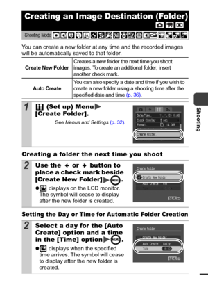 Page 7371
Shooting
You can create a new folder at any time and the recorded images 
will be automatically saved to that folder.
Creating a folder the next time you shoot
Setting the Day or Time for Automatic Folder Creation
Creating an Image Destination (Folder)
Shooting Mode 
Create New FolderCreates a new folder the next time you shoot 
images. To create an additional folder, insert 
anot her check mark.
Auto CreateYou can also specify a date and time if you wish to 
create a new folder using a shooting time...