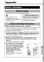 Page 121119
  Appendix
Appendix
Batter y Handling
Batter y Charge
The following icon and message will display.
Batter y Handling Precautions
zKeep the battery terminals clean at all times.
Dirty terminals may cause poor contact between the battery and 
camera. Polish the terminals with a soft cotton swab before 
charging or using the battery.
zAt low temperatures, battery performance may be reduced 
and the low battery icon ( ) may appear earlier than usual.
Under these conditions, revive the battery by warming...