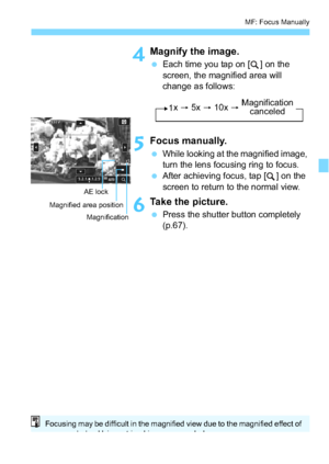 Page 127127
MF: Focus Manually
4Magnify the image.
Each time you tap on [ ] on the 
screen, the magnified area will 
change as follows:
5Focus manually.
While looking at the magnified image, 
turn the lens focusing ring to focus.
 After achieving focus, tap [ ] on the 
screen to return to the normal view.
6Take the picture.
Press the shutter button completely 
(p.67).
AE lock
Magnified area position
MagnificationMagnification
1 x 
a  5x a  10x a  Magnification 
canceled
Focusing may be difficult in the...