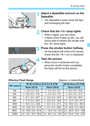 Page 139139
D Using a Flash
1Attach a Speedlite and turn on the 
Speedlite.
The Speedlite’s power lamp will light 
and recharging will start.
2Check that the  lamp lights.
 When it lights, you can shoot.
 In Basic Zone modes (p.26), you will 
not be able to release the shutter until 
the < D> lamp lights.
3Press the shutter button halfway.
 On the bottom left of the LCD monitor, 
check that the  icon is displayed.
4Take the picture.
When focus is achieved and you 
press the shutter button completely, 
the...