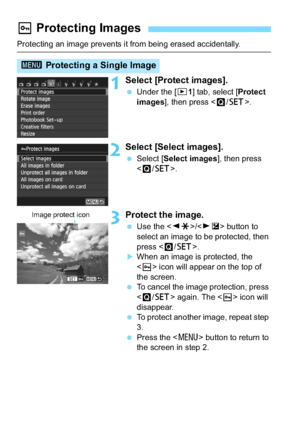 Page 252252
Protecting an image prevents it from being erased accidentally.
1Select [Protect images].
Under the [x 1] tab, select [Protect 
images], then press < Q/0 >.
2Select [Select images].
Select [ Select images ], then press 
< Q /0 >.
3Protect the image.
Use the < YA >/ button to 
select an image to be protected, then 
press < Q/0 >.
When an image is protected, the 
 icon will appear on the top of 
the screen.
 To cancel the image protection, press 
 again. The < K> icon will 
disappear.
 To protect...