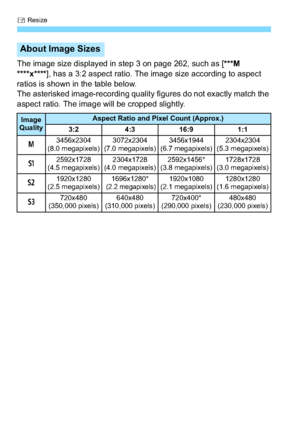 Page 264S Resize
264
The image size displayed in step 3 on page 262, such as [ ***M 
****x**** ], has a 3:2 aspect ratio. The image size according to aspect 
ratios is shown in the table below.
The asterisked image-recording quality figures do not exactly match the 
aspect ratio. The image will be cropped slightly.
About Image Sizes
Image 
QualityAspect Ratio and Pixel Count (Approx.)
3:2 4:316:9 1:1
4
3456x2304 
(8.0 megapixels)3072x2304 
(7.0 megapixels)3456x1944 
(6.7 megapixels)2304x2304 
(5.3 megapixels)
a...