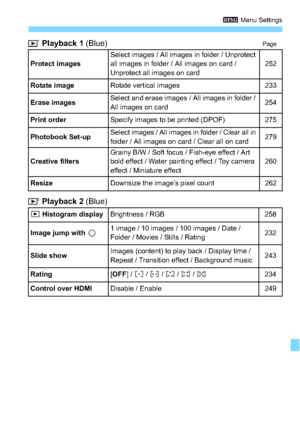 Page 303303
3 Menu Settings
 Playback 1 (Blue)Page
 Playback 2 (Blue)
Protect imagesSelect images / All images in folder / Unprotect 
all images in folder / All images on card / 
Unprotect all images on card252
Rotate image
Rotate vertical images233
Erase images
Select and erase images / All images in folder / 
All images on card254
Print order
Specify images to be printed (DPOF)275
Photobook Set-up
Select images / All images in folder / Clear all in 
folder / All images on card / Clear all on card279
Creative...