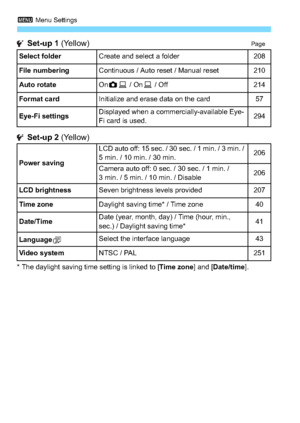 Page 3043 Menu Settings
304
 Set-up 1  (Yellow)Page
 Set-up 2 (Yellow)
* The daylight saving time setting is linked to [ Time zone] and [Date/time ].
Select folder
Create and select a folder208
File numbering
Continuous / Auto reset / Manual reset210
Auto rotate
On z D / On D / Off214
Format card
Initialize and erase data on the card57
Eye-Fi settings
Displayed when a commercially-available Eye-
Fi card is used.294
Power saving
LCD auto off: 15 sec. / 30 sec. / 1 min. / 3 min. / 
5 min. / 10 min. / 30 min.206...