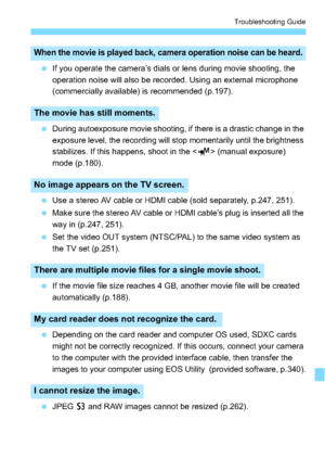 Page 321321
Troubleshooting Guide
If you operate the camera’s dials or lens during movie shooting, the 
operation noise will also be recorded. Using an external microphone 
(commercially available) is recommended (p.197).
 During autoexposure movie shooting, if there is a drastic change in the 
exposure level, the recording will stop momentarily until the brightness 
stabilizes. If this happens, shoot in the < M> (manual exposure) 
mode (p.180).
 Use a stereo AV cable or HDMI cable (sold separately, p.247,...