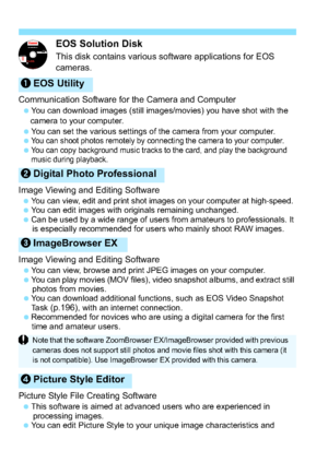 Page 340340EOS Solution Disk
This disk contains various software applications for EOS  
cameras.
Communication Software for the Camera and Computer
 You can download images (still images/movies) you have shot with the 
camera to your computer.
 You can set the various settings of the camera from your computer.

You can shoot photos remotely by connecting the camera to your computer.You can copy background music tracks to the card, and play the background  music during playback.
Image Viewing and Editing...