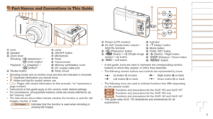 Page 44
Part Names and Conventions in This Guide
 Lens Speaker Zoom lever
Shooting:   /  

Playback: 
  /  

 Shutter button
 Lamp ON/OFF button Microphone Flash Tripod socket Memory card/battery cover DC coupler cable port Strap mount
•	 Shooting modes and on-screen icons and text are indicated in brackets.
•	
: Important information you should know
•	: Notes and tips for expert camera use
•	 =xx: Pages with related information (in this example, “xx” represent\
s a 
page number)
•	 Instructions in this guide...