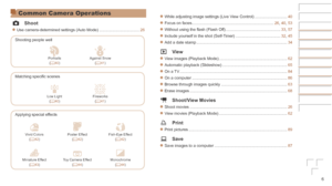 Page 66
Common Camera Operations
 4 Shoot
zzUse camera-determined settings (Auto Mode) ....................................26
Shooting people well
I PPortraits (=  40) Against Snow
(=  41)
Matching specific scenes
tLow Light(=  40) Fireworks
(=  41)
Applying special effects
Vivid Colors (=  42) Poster Effect
(=  42) Fish-Eye Effect
(=  42)
Miniature Effect (=  43) Toy Camera Effect
(=  44) Monochrome
(=  44)
zzWhile adjusting image settings (Live View Control) ............................. 40
zzFocus on faces...