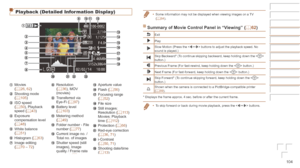 Page 104104
Playback (Detailed Information Display)
 Movies 
(=  26, 62) Shooting mode 
(=  105) ISO speed 
(=  50), Playback 
speed (=  43) Exposure 
compensation level 
(=
  48) White balance 
(=  51) Histogram (=  63) Image editing 
(=  70 – 72)
 Resolution 
(=  36), MOV 
(movies)
 Transferred via 
Eye-Fi (=  97) Battery level 
(=  103) Metering method 
(=  49) Folder number - File 
number (=  77) Current image no. / 
Total no. of images
 Shutter speed (still 
images), Image 
quality / Frame rate 
(movies)...