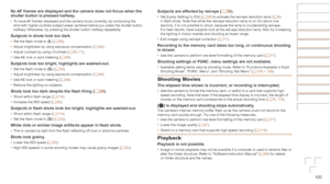 Page 100100
No	AF	frames	are	displayed	and	the	camera	does	not	focus	when	the	shutter	button	is	pressed	halfway.
•	To have AF frames displayed and the camera focus correctly, try composing the 
shot with higher-contrast subject areas centered before you press the sh\
utter button 
halfway. Otherwise, try pressing the shutter button halfway repeatedly.
Subjects	in	shots	look	too	dark.•	Set the flash mode to [h] (=  56).
•	 Adjust brightness by using exposure compensation ( =  48).
•	 Adjust contrast by using...