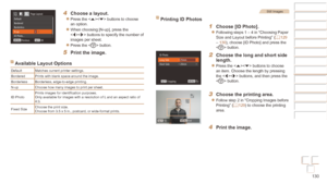 Page 130130
Before Use
Basic Guide
Advanced Guide
Camera Basics
Auto mode / Hybrid 
Auto mode
Other Shooting 
Modes
P Mode
Playback Mode
Wi-Fi Functions
Setting Menu
Accessories
Appendix
Index
Before Use
Basic Guide
Advanced Guide
Camera Basics
Auto mode / Hybrid 
Auto mode
Other Shooting 
Modes
P Mode
Playback Mode
Wi-Fi Functions
Setting Menu
Accessories
Appendix
Index
4 Choose a layout.
zzPress the  buttons to choose 
an option.
zzWhen choosing [N-up], press the 
 buttons to specify the number of 
images per...