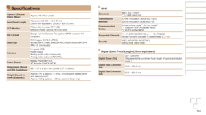 Page 153153
Before Use
Basic Guide
Advanced Guide
Camera Basics
Auto mode / Hybrid 
Auto mode
Other Shooting 
Modes
P Mode
Playback Mode
Wi-Fi Functions
Setting Menu
Accessories
Appendix
Index
Before Use
Basic Guide
Advanced Guide
Camera Basics
Auto mode / Hybrid 
Auto mode
Other Shooting 
Modes
P Mode
Playback Mode
Wi-Fi Functions
Setting Menu
Accessories
Appendix
Index
Specifications
Camera Effective 
Pixels	(Max.)Approx. 16 million pixels
Lens Focal Length 12x zoom: 4.5 (W) – 54.0 (T) mm
(35mm film...