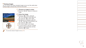 Page 1717
Before Use
Basic Guide
Advanced Guide
Camera Basics
Auto mode / Hybrid 
Auto mode
Other Shooting 
Modes
P Mode
Playback Mode
Wi-Fi Functions
Setting Menu
Accessories
Appendix
Index
Before Use
Basic Guide
Advanced Guide
Camera Basics
Auto mode / Hybrid 
Auto mode
Other Shooting 
Modes
P Mode
Playback Mode
Wi-Fi Functions
Setting Menu
Accessories
Appendix
Index
Erasing ImagesYou can choose and erase unneeded images one by one. Be careful when 
erasing images, because they cannot be recovered.
1 Choose...