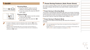 Page 1919
Before Use
Basic Guide
Advanced Guide
Camera Basics
Auto mode / Hybrid 
Auto mode
Other Shooting 
Modes
P Mode
Playback Mode
Wi-Fi Functions
Setting Menu
Accessories
Appendix
Index
Before Use
Basic Guide
Advanced Guide
Camera Basics
Auto mode / Hybrid 
Auto mode
Other Shooting 
Modes
P Mode
Playback Mode
Wi-Fi Functions
Setting Menu
Accessories
Appendix
Index
On/Off
Shooting Mode
zzPress the ON/OFF button to turn the 
camera on and prepare for shooting.
zzTo turn the camera off, press the ON/OFF...