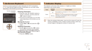 Page 2323
Before Use
Basic Guide
Advanced Guide
Camera Basics
Auto mode / Hybrid 
Auto mode
Other Shooting 
Modes
P Mode
Playback Mode
Wi-Fi Functions
Setting Menu
Accessories
Appendix
Index
Before Use
Basic Guide
Advanced Guide
Camera Basics
Auto mode / Hybrid 
Auto mode
Other Shooting 
Modes
P Mode
Playback Mode
Wi-Fi Functions
Setting Menu
Accessories
Appendix
Index
On-Screen Keyboard
Use the on-screen keyboard to enter information for Wi-Fi connections 
(=  92). Note that the length and type of information...