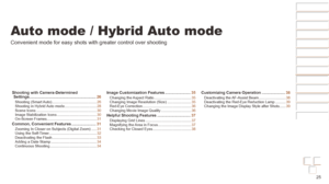 Page 2525
Before Use
Basic Guide
Advanced Guide
Camera Basics
Auto mode / Hybrid 
Auto mode
Other Shooting 
Modes
P Mode
Playback Mode
Wi-Fi Functions
Setting Menu
Accessories
Appendix
Index
Before Use
Basic Guide
Advanced Guide
Camera Basics
Auto mode / Hybrid 
Auto mode
Other Shooting 
Modes
P Mode
Playback Mode
Wi-Fi Functions
Setting Menu
Accessories
Appendix
Index
Auto mode / Hybrid Auto mode
Convenient mode for easy shots with greater control over shooting
Shooting with Camera-Determined Settings...