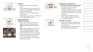 Page 2727
Before Use
Basic Guide
Advanced Guide
Camera Basics
Auto mode / Hybrid 
Auto mode
Other Shooting 
Modes
P Mode
Playback Mode
Wi-Fi Functions
Setting Menu
Accessories
Appendix
Index
Before Use
Basic Guide
Advanced Guide
Camera Basics
Auto mode / Hybrid 
Auto mode
Other Shooting 
Modes
P Mode
Playback Mode
Wi-Fi Functions
Setting Menu
Accessories
Appendix
Index
Shoot.
zzPress the shutter button all the way 
down.
zzAs the camera shoots, a shutter sound 
is played, and in low-light conditions, the 
flash...