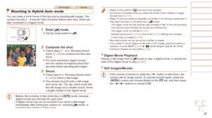 Page 2828
Before Use
Basic Guide
Advanced Guide
Camera Basics
Auto mode / Hybrid 
Auto mode
Other Shooting 
Modes
P Mode
Playback Mode
Wi-Fi Functions
Setting Menu
Accessories
Appendix
Index
Before Use
Basic Guide
Advanced Guide
Camera Basics
Auto mode / Hybrid 
Auto mode
Other Shooting 
Modes
P Mode
Playback Mode
Wi-Fi Functions
Setting Menu
Accessories
Appendix
Index
Still ImagesMovies
Shooting in Hybrid Auto mode
You can make a short movie of the day just by shooting still images. The 
camera records 2 –...