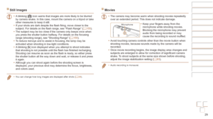 Page 2929
Before Use
Basic Guide
Advanced Guide
Camera Basics
Auto mode / Hybrid 
Auto mode
Other Shooting 
Modes
P Mode
Playback Mode
Wi-Fi Functions
Setting Menu
Accessories
Appendix
Index
Before Use
Basic Guide
Advanced Guide
Camera Basics
Auto mode / Hybrid 
Auto mode
Other Shooting 
Modes
P Mode
Playback Mode
Wi-Fi Functions
Setting Menu
Accessories
Appendix
Index
Still Images
•	A blinking [] icon warns that images are more likely to be blurred 
by camera shake. In this case, mount the camera on a tripod...