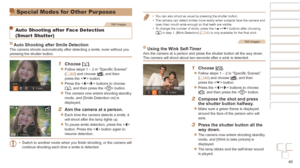 Page 4848
Before Use
Basic Guide
Advanced Guide
Camera Basics
Auto mode / Hybrid 
Auto mode
Other Shooting 
Modes
P Mode
Playback Mode
Wi-Fi Functions
Setting Menu
Accessories
Appendix
Index
Before Use
Basic Guide
Advanced Guide
Camera Basics
Auto mode / Hybrid 
Auto mode
Other Shooting 
Modes
P Mode
Playback Mode
Wi-Fi Functions
Setting Menu
Accessories
Appendix
Index
Special Modes for Other Purposes
Still Images
Auto Shooting after Face Detection  
(Smart Shutter)
Auto Shooting after Smile DetectionThe camera...
