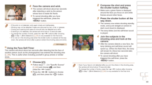Page 4949
Before Use
Basic Guide
Advanced Guide
Camera Basics
Auto mode / Hybrid 
Auto mode
Other Shooting 
Modes
P Mode
Playback Mode
Wi-Fi Functions
Setting Menu
Accessories
Appendix
Index
Before Use
Basic Guide
Advanced Guide
Camera Basics
Auto mode / Hybrid 
Auto mode
Other Shooting 
Modes
P Mode
Playback Mode
Wi-Fi Functions
Setting Menu
Accessories
Appendix
Index
4 Face the camera and wink.
zzThe camera will shoot about two seconds 
after detecting a wink by the person 
whose face is inside the frame....