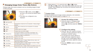 Page 5656
Before Use
Basic Guide
Advanced Guide
Camera Basics
Auto mode / Hybrid 
Auto mode
Other Shooting 
Modes
P Mode
Playback Mode
Wi-Fi Functions
Setting Menu
Accessories
Appendix
Index
Before Use
Basic Guide
Advanced Guide
Camera Basics
Auto mode / Hybrid 
Auto mode
Other Shooting 
Modes
P Mode
Playback Mode
Wi-Fi Functions
Setting Menu
Accessories
Appendix
Index
Still ImagesMovies
Changing Image Color Tones (My Colors)
Change image color tones as desired, such as converting images to sepia \
or black...