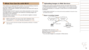 Page 8484
Before Use
Basic Guide
Advanced Guide
Camera Basics
Auto mode / Hybrid 
Auto mode
Other Shooting 
Modes
P Mode
Playback Mode
Wi-Fi Functions
Setting Menu
Accessories
Appendix
Index
Before Use
Basic Guide
Advanced Guide
Camera Basics
Auto mode / Hybrid 
Auto mode
Other Shooting 
Modes
P Mode
Playback Mode
Wi-Fi Functions
Setting Menu
Accessories
Appendix
Index
Uploading Images to Web Ser vices
Images can be sent to social network services and other Web services 
via CANON iMAGE GATEWAY*. Unsent images...