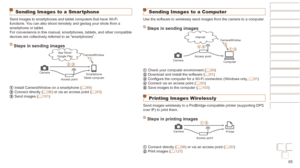 Page 8585
Before Use
Basic Guide
Advanced Guide
Camera Basics
Auto mode / Hybrid 
Auto mode
Other Shooting 
Modes
P Mode
Playback Mode
Wi-Fi Functions
Setting Menu
Accessories
Appendix
Index
Before Use
Basic Guide
Advanced Guide
Camera Basics
Auto mode / Hybrid 
Auto mode
Other Shooting 
Modes
P Mode
Playback Mode
Wi-Fi Functions
Setting Menu
Accessories
Appendix
Index
Sending Images to a Smar tphone
Send images to smartphones and tablet computers that have Wi-Fi 
functions. You can also shoot remotely and...