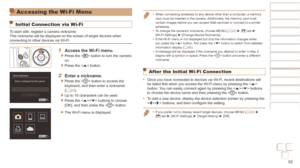 Page 9292
Before Use
Basic Guide
Advanced Guide
Camera Basics
Auto mode / Hybrid 
Auto mode
Other Shooting 
Modes
P Mode
Playback Mode
Wi-Fi Functions
Setting Menu
Accessories
Appendix
Index
Before Use
Basic Guide
Advanced Guide
Camera Basics
Auto mode / Hybrid 
Auto mode
Other Shooting 
Modes
P Mode
Playback Mode
Wi-Fi Functions
Setting Menu
Accessories
Appendix
Index
Accessing the Wi-Fi Menu
Initial Connection via Wi-Fi
To start with, register a camera nickname.
This nickname will be displayed on the screen...