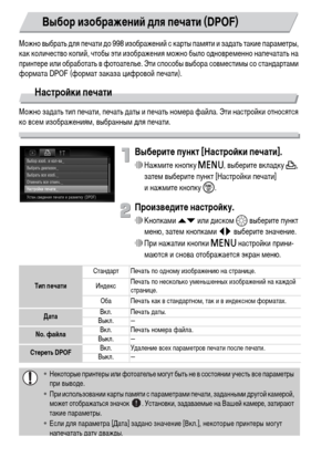 Page 138138
Можно выбрать для печати до 998 изображений с карты памяти и задать такие параметры, 
как количество копий, чтобы эти изображения можно было одновременно напечатать на 
принтере или обработать в фотоателье. Эти способы выбора совместимы со стандартами 
формата DPOF (формат заказа цифровой печати).
Настройки печати
Можно задать тип печати, печать даты и печать номера файла. Эти настройки относятся 
ко всем изображениям, выбранным для печати.
Выберите пункт [Настройки печати].
∆Нажмите кнопку n,...