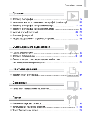 Page 5Что требуется сделать
5
Просмотр
1●Просмотр фотографий .....................................................................................27
●Автоматическое воспроизведение фотографий (слайд-шоу) .....................111
●Просмотр фотографий на экране телевизора......................................115, 116
●Просмотр фотографий на экране компьютера ..............................................33
●Быстрый поиск фотографий...................................................................108, 109...
