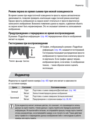 Page 45Индикатор
45
Режим экрана во время съемки при низкой освещенности
Во время съемки при недостаточной освещенности яркость экрана автоматически 
увеличивается, позволяя проверить композицию кадра (ночной режим монитора). 
Однако яркость изображения на экране может отличаться от яркости фактически 
записанного изображения. Возможно появление шумов на экране, и движение объекта 
на экране может быть неравномерным. Это не оказывает влияния на записываемое 
изображение.
Предупреждение о передержке во время...