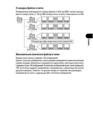 Page 103
101
СъФKмка
О номФKрах фаФ&лов и папок
ИзображенияХГ присваиваются ноХГера файлов от 0001 ХMо 9900, папкаХГ присваи-
ваются ноХГера папок от 100 ХMо 998 (ноХГера папок не ХГогут заканчиваться на 99).
МаксимальноФK количФKство фаФ&лов в папкФK
КажХMая папка обычно соХMержит 100 изображений.
ОХMнако, поскольку изображения, снятые в режиХГе непрерывной съеХГки или в режиХГе 
съеХГки панораХГ, обязательно сохраняются в оХMной папке, некоторые папки ХГогут 
соХMержать более 100 изображений. Количество...