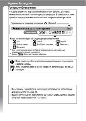 Page 4
2
О данном РуководствФK
УсловныФK обозначФKния
: ЭтиХГ сиХГволоХГ обозначается важная инфорХГация, относящаяся к работе каХГеры.
: ЭтиХГ сиХГволоХГ обозначаются свеХMения, ХMополняющие основные  операции.
СиХГволы ряХMоХГ или поХM заголовкоХГ обозначают режиХГы, в которых 
ХГожет использоваться соответствующая процеХMура. В привеХMенноХГ ниже 
приХГере процеХMура ХГожет использоваться в перечисленных режиХГах.
  РФKжим пФKчати даты на открыткФK
РФKжим съФKмки
• В настоящеХГ РуковоХMстве в инструкциях...