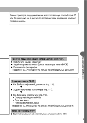 Page 111109
Параметры печати/Перенос
    
Список принтеров, поддерживающих непосредственную печать (серия CP 
или BJ-принтеры), см. в документе Состав системы, входящем в комплект 
поставки камеры.
!Подключите камеру к принтеру!Задайте параметры печати (кроме параметров печати DPOF)!Распечатайте фотографии
Подробнее см. Руководство по прямой печати (отдельный документ).
Принтер, поддерживающий непосредственную печать
!См. Выбор изображений для печати (стр. 110).
    #
!Задайте количество экземпляров (стр. 111)....