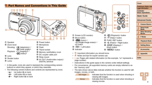 Page 44
1
2
3
4
5
6
7
8
Cover
Preliminary Notes and Legal Information
Contents:  
Basic Operations
Advanced Guide
Camera Basics
Smart Auto 
Mode
Other Shooting 
Modes
P Mode
Setting Menu
Accessories
Appendix
Index
Basic Guide
Playback Mode
Part Names and Conventions in This Guide
 Speaker Zoom lever Shooting:    / 
 <

j (wide angle)> 
Playback: 
 

 / 
 <

g (index)>
 Lens Shutter button Lamp
 Power button Microphone Flash Tripod socket Memory card/battery cover
 DC coupler cable  port Strap mount AV OUT...