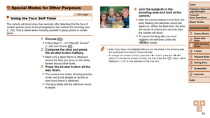 Page 4545
1
2
3
4
5
6
7
8
Cover
Preliminary Notes and Legal Information
Contents:  
Basic Operations
Advanced Guide
Camera Basics
Smart Auto 
Mode
Other Shooting 
Modes
P Mode
Setting Menu
Accessories
Appendix
Index
Basic Guide
Playback Mode
4 Join the sub jects in the 
shooting area and look at the 
camera.
XXAfter the camera detects a new face, the 
lamp blinking and self-timer sound will 
speed up. (When the flash fires, the lamp 
will remain lit.) About two seconds later, 
the camera will shoot.
zzTo cancel...