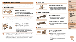 Page 8080
1
2
3
4
5
6
7
8
Cover
Preliminary Notes and Legal Information
Contents:  
Basic Operations
Advanced Guide
Camera Basics
Smart Auto 
Mode
Other Shooting 
Modes
P Mode
Setting Menu
Accessories
Appendix
Index
Basic Guide
Playback Mode
Flash Unit
High-Power Flash HF-DC2
zzExternal flash for illuminating subjects 
that are out of range of the built-in flash.   
High-Power Flash HF-DC1 can also be 
used.
Other Accessories
AV Cable AVC-DC400
zzConnect the camera to a TV to enjoy 
playback on the larger TV...