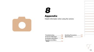 Page 103103
1
2
3
4
5
6
7
8
Cover 
Preliminary Notes  
and Legal Information
Contents: Basic 
Operations
Advanced Guide
Camera Basics
Smart Auto 
Mode
Other Shooting 
Modes
Playback Mode
Setting Menu
Accessories
Appendix
Index
Basic Guide
P Mode
Appendix
Helpful information when using the camera
4
8
Troubleshooting ..................... 104
On-Screen Messages
 ............. 107
On-Screen Information
 .......... 109
Functions and Menu  Tables
 ..................................... 111Handling Precautions...