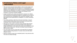 Page 33
1
2
3
4
5
6
7
8
Cover 
Preliminary Notes  
and Legal Information
Contents: Basic 
Operations
Advanced Guide
Camera Basics
Smart Auto 
Mode
Other Shooting 
Modes
Playback Mode
Setting Menu
Accessories
Appendix
Index
Basic Guide
P Mode
Preliminar y Notes and Legal 
Information
•	 Take and review some test shots initially to make sure the images were 
recorded correctly. Please note that Canon Inc., its subsidiaries and 
affiliates,
	and	its	distributors	are	not	liable	for	any	consequential	damages...
