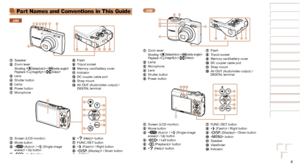 Page 44
1
2
3
4
5
6
7
8
Cover 
Preliminary Notes  
and Legal Information
Contents: Basic 
Operations
Advanced Guide
Camera Basics
Smart Auto 
Mode
Other Shooting 
Modes
Playback Mode
Setting Menu
Accessories
Appendix
Index
Basic Guide
P Mode
Part Names and Conventions in This Guide
A2600
 Speaker Zoom lever Shooting:  /   
Playback:  /  Lens Shutter button Lamp Power button Microphone
 Flash Tripod socket Memory card/battery cover Indicator DC coupler cable port Strap mount AV OUT (Audio/video output) /...