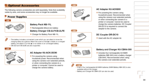 Page 8888
1
2
3
4
5
6
7
8
Cover 
Preliminary Notes  
and Legal Information
Contents: Basic 
Operations
Advanced Guide
Camera Basics
Smart Auto 
Mode
Other Shooting 
Modes
Playback Mode
Setting Menu
Accessories
Appendix
Index
Basic Guide
P Mode
Optional Accessories
The following camera accessories are sold separately. Note that availability 
varies by area, and some accessories may no longer be available.
Power Supplies
A2600
Battery Pack NB-11L
zzRechargeable lithium-ion battery
Battery Charger CB-2LF/CB-2LFE...
